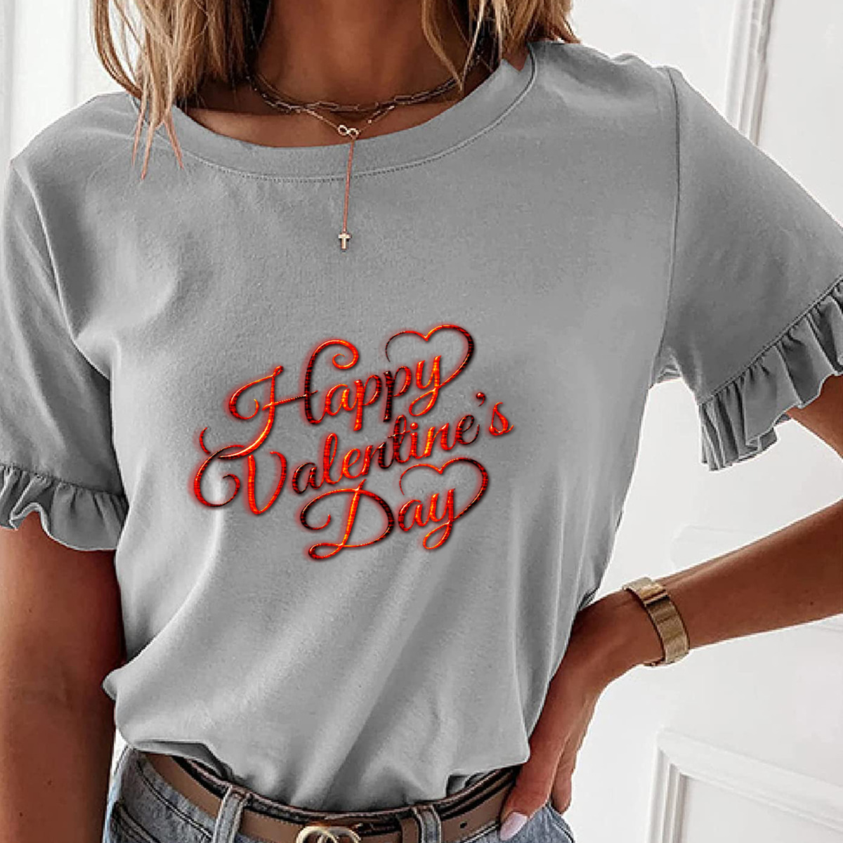 تي شيرت نسائي بأكمام قصيرة وكشكشة بوليستر - الصورة 3