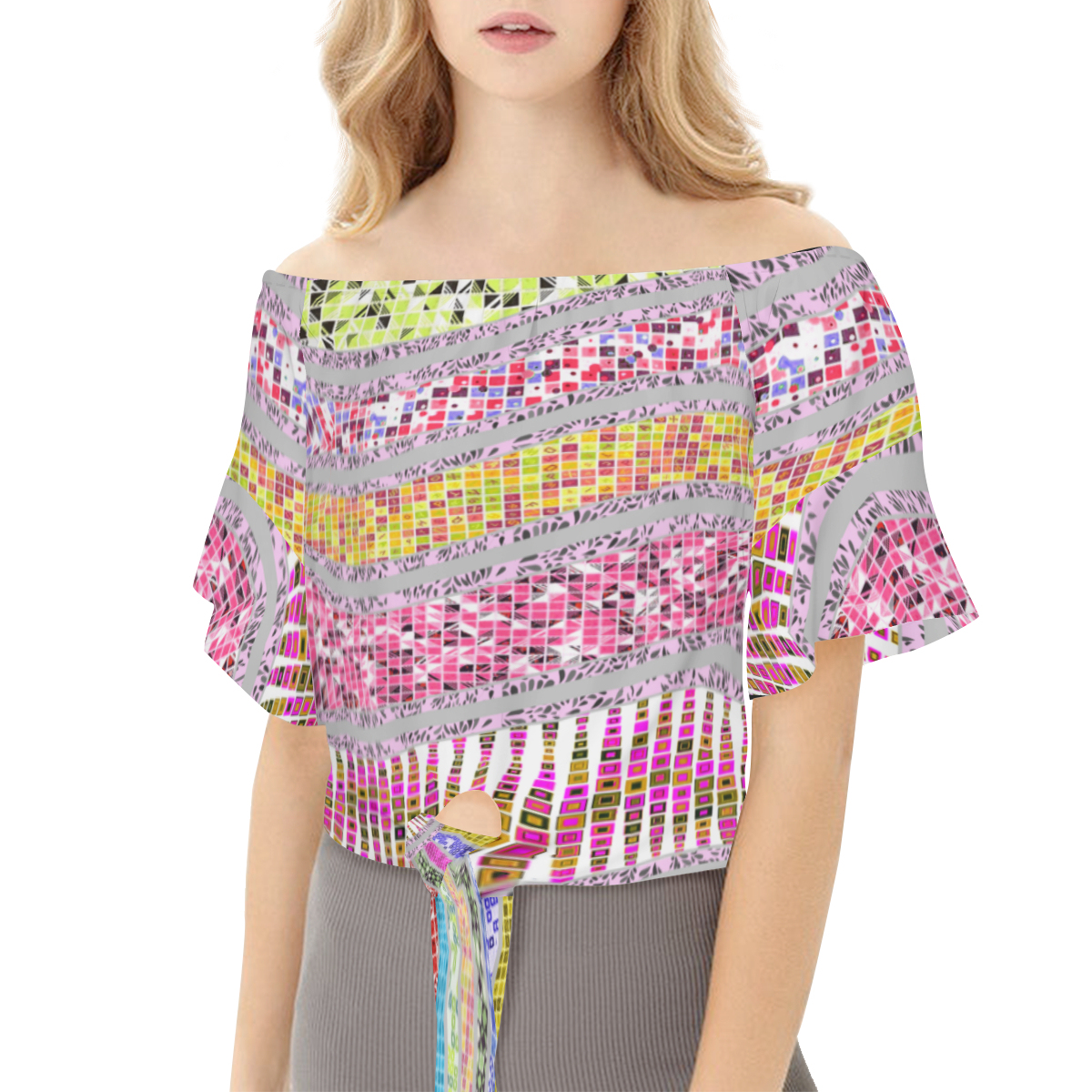 تي شيرت نسائي أكمام قصيرة وربطة بنقشة ألوان - الصورة 8