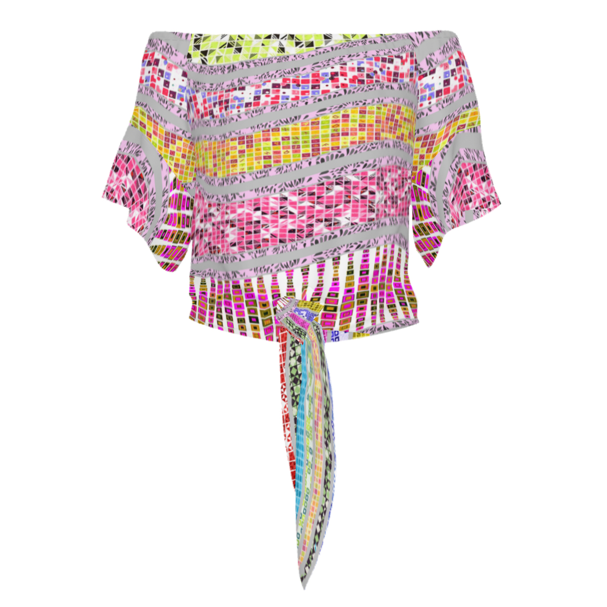 تي شيرت نسائي أكمام قصيرة وربطة بنقشة ألوان - الصورة 4