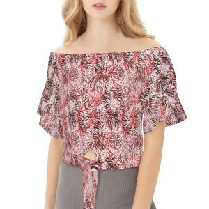 تي شيرت نسائي أكمام قصيرة وربطة عنق نمط زهر أحمر