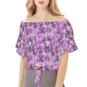 تي شيرت نسائي أكمام قصيرة وربطة عنق نمط زهر وردي