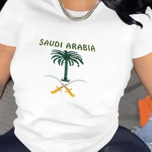 1 قطعة تي شيرت نسائي بأسلوب Y2K العارض مع طباعة شجرة النخيل والسيف في المملكة العربية السعودية، نسيج مسامي، قميص بأكمام قصيرة وياقة مستديرة لفصل الربيع/الصيف/الخريف، قميص موضة الربيع | قميص موضة Y2K | نسيج مطاطي