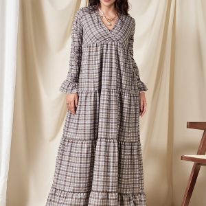 فستان كلاسيكي برقبة على شكل V وأكمام واسعة - خفيف الوزن