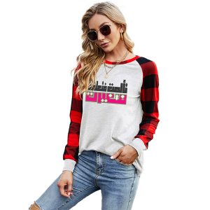 تيشيرت نسائي بأكمام طويلة ورقبة دائرية بنقشة مربعات